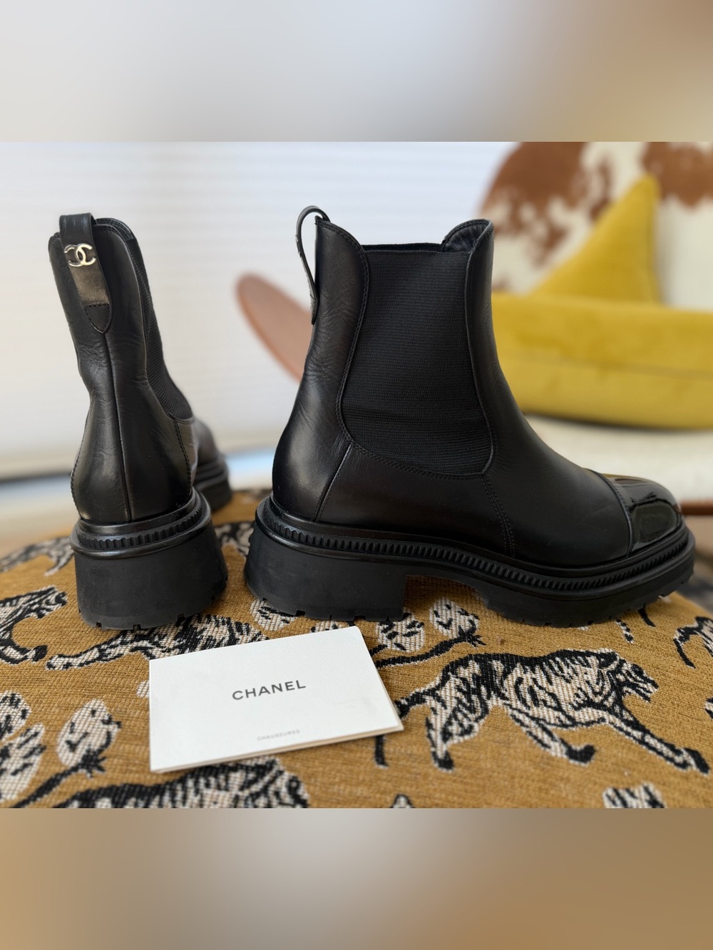 CHANEL Black Leather Chelsea Lug Boots